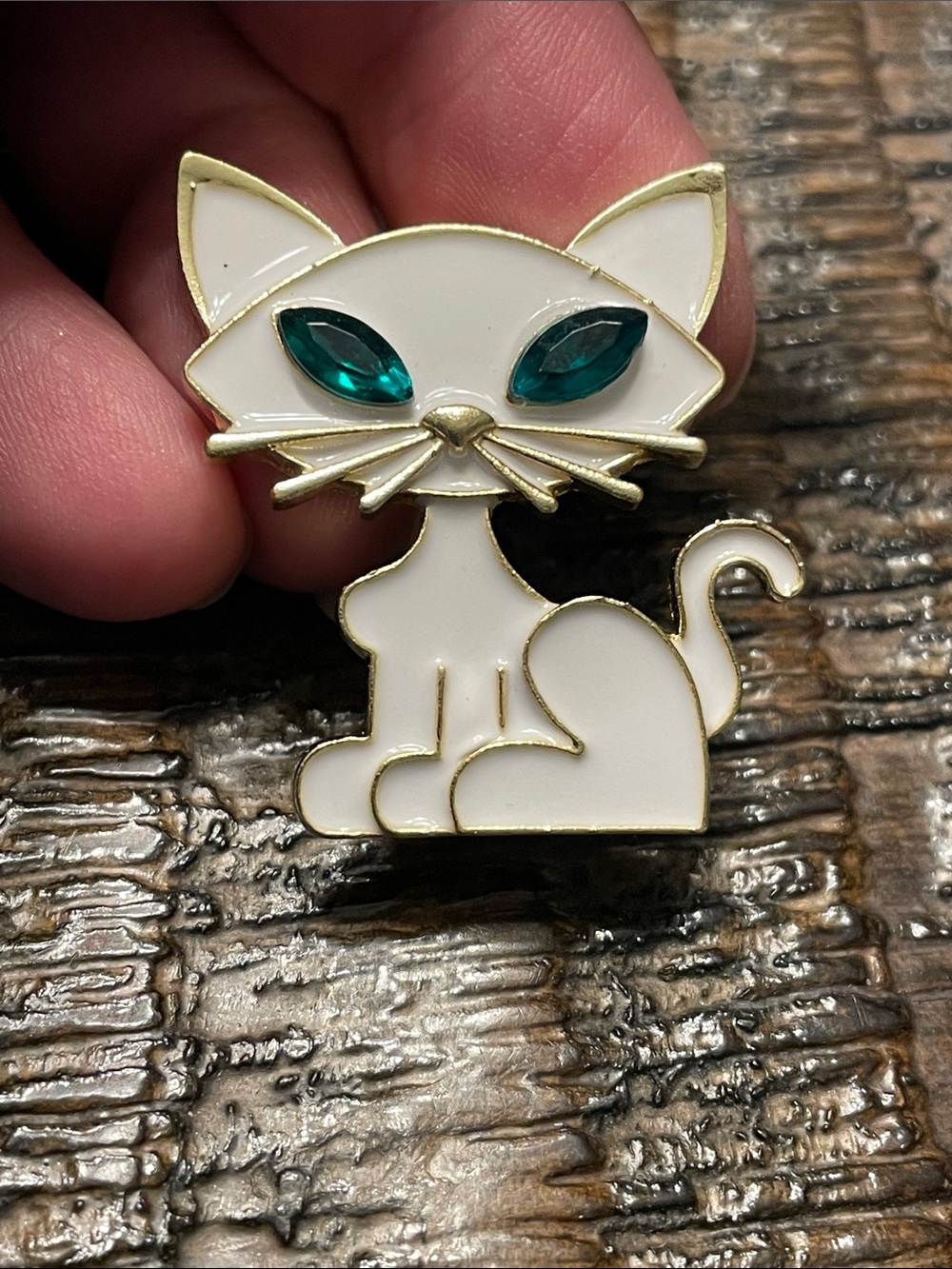 White Cat Enamel Pin with Teal Eyes